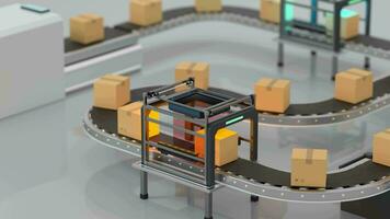 Loop transmitting of packaging box on the conveyor belt, 3d rendering. video