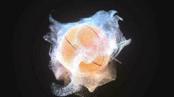 Rotation of a basketball with white twist particles, 3d rendering video