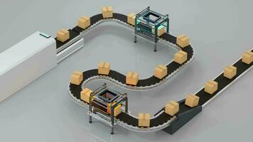 Loop transmitting of packaging box on the conveyor belt, 3d rendering. video