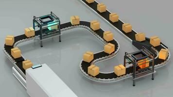 Loop transmitting of packaging box on the conveyor belt, 3d rendering. video