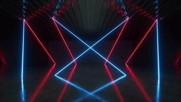 Dark room with glowing neon lines, loop animation,  3d rendering. video