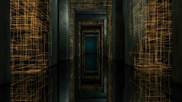 Go though the dark tunnel with golden circuit lines, 3d rendering. video