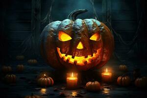 Halloween pumpkin head jack lantern with candles on dark background. Halloween concept AI Generated photo