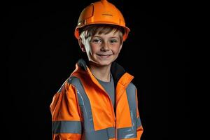 retrato de un linda pequeño chico en un construcción casco ai generado foto