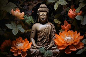 Buddha statue surrounded by orange flowers on a black background AI Generated photo