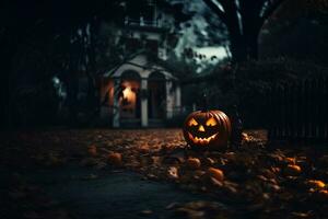 Halloween pumpkins in front of a house at night, Halloween background AI generated photo