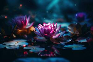 Beautiful pink water lily or lotus flower on dark background AI Generated photo