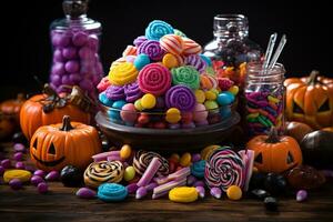 Ai Generated. Halloween candies and sweets on dark background photo