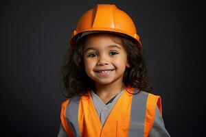 Portrait of a smiling little girl in a construction helmet AI Generated photo