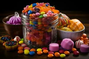 Ai Generated. Halloween candies and sweets on dark background photo