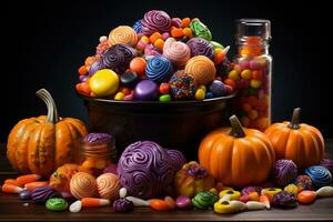 Ai Generated. Halloween candies and sweets on dark background photo