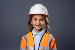 retrato de un sonriente pequeño niña en un construcción casco ai generado foto