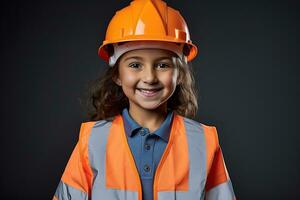 retrato de un sonriente pequeño niña en un construcción casco ai generado foto