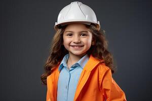 retrato de un sonriente pequeño niña en un construcción casco ai generado foto