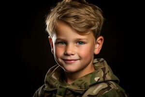 retrato de un linda pequeño chico en militar uniforme en oscuro antecedentes ai generado foto