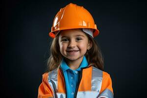 retrato de un sonriente pequeño niña en un construcción casco ai generado foto