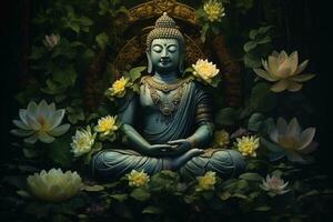 Buddha statue with lotus flower and green leaves background AI Generated photo