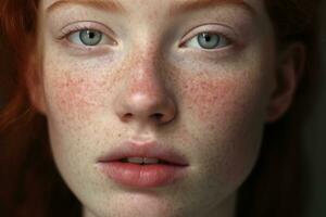 a close up of a woman with freckles AI generated photo