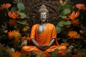 Buddha statue surrounded by orange flowers on a black background AI Generated photo