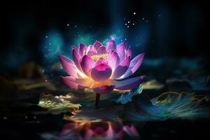 Beautiful pink water lily or lotus flower on dark background AI Generated photo