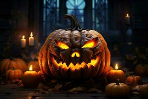 Víspera de Todos los Santos calabaza cabeza Jack linterna con velas en oscuro antecedentes. Víspera de Todos los Santos concepto ai generado foto