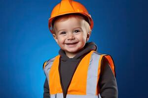 Portrait of a cute little boy in a construction helmet AI Generated photo