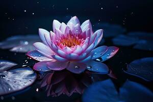Beautiful pink water lily or lotus flower on dark background AI Generated photo