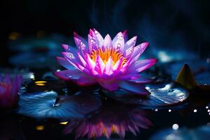 Beautiful pink water lily or lotus flower on dark background AI Generated photo