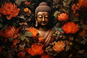 Buddha statue surrounded by orange flowers on a black background AI Generated photo