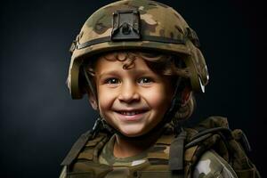 retrato de un linda pequeño chico en militar uniforme en oscuro antecedentes ai generado foto