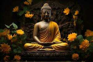 buddha statue surrounded by yellow flowers AI Generated photo