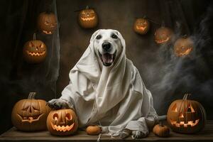 Víspera de Todos los Santos tema. perro en fantasma disfraz con calabazas en oscuro antecedentes ai generado foto