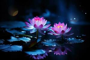 Beautiful pink water lily or lotus flower on dark background AI Generated photo