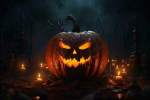 Halloween pumpkin head jack lantern with candles on dark background. Halloween concept AI Generated photo