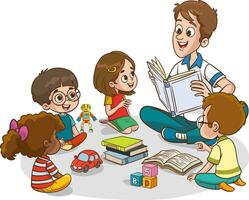 Illustration of multiracial kids and teacher sitting on the floor and reading the book.Reading and exploring vector