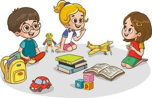 Kids playing with educational games in kindergarten room. Kids talking together in kindergarden. Poster with the place for your text. Playroom with children. vector