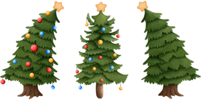 Set of three adorable christmas pine trees with christmas ornaments clipart. png