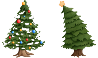 Set of cute watercolor christmas pine trees with snow and christmas ornaments clipart. png