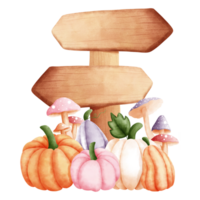 Watercolor wooden sign with colorful pumpkins and mushrooms Illustration. Rustic autumn vibes. png