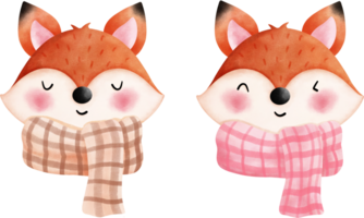 Set of watercolor illustration of a cute foxes with an autumn scarves. png