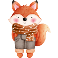 Whimsical fall fox character. Watercolor autumn animal clipart for seasonal decoration. png