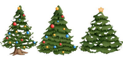 Set of three cute watercolor cute christmas pine trees with snow and christmas ornaments clipart. png