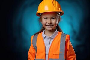 retrato de un sonriente pequeño niña en un construcción casco ai generado foto