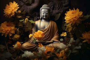 a golden buddha statue surrounded by flowers AI Generated photo