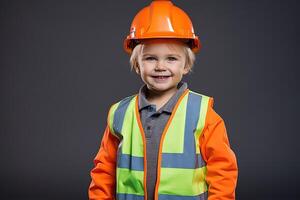 retrato de un linda pequeño chico en un construcción casco ai generado foto