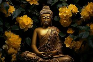 a golden buddha statue surrounded by flowers AI Generated photo