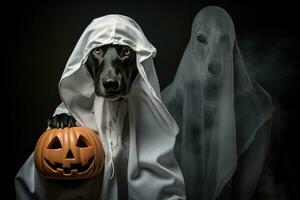 Víspera de Todos los Santos tema. perro en fantasma disfraz con calabazas en oscuro antecedentes ai generado foto