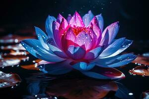 Beautiful pink water lily or lotus flower on dark background AI Generated photo