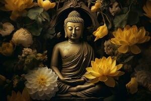 buddha statue surrounded by yellow flowers AI Generated photo