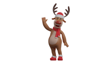 3D illustration. Friendly Deer 3D cartoon character. Christmas reindeer wearing red scarf and christmas hat. Christmas deer waves his hand to someone and shows his cute smile. 3D cartoon character png